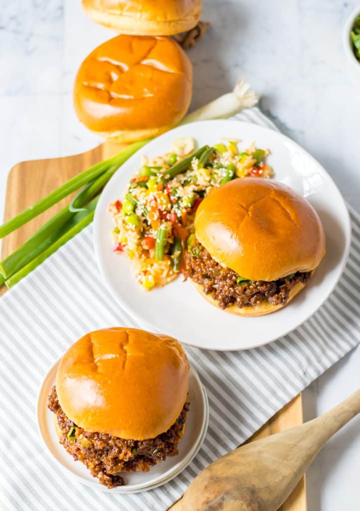 Shot of Slow Cooker Korean Beef Sloppy Joes from above