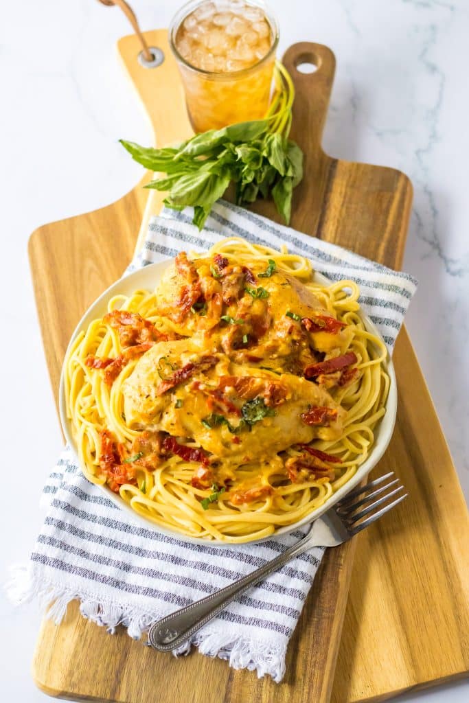 Slow Cooker Marry Me Chicken overhead shot plated