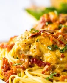 Slow Cooker Marry Me Chicken piled on a plate close up shot