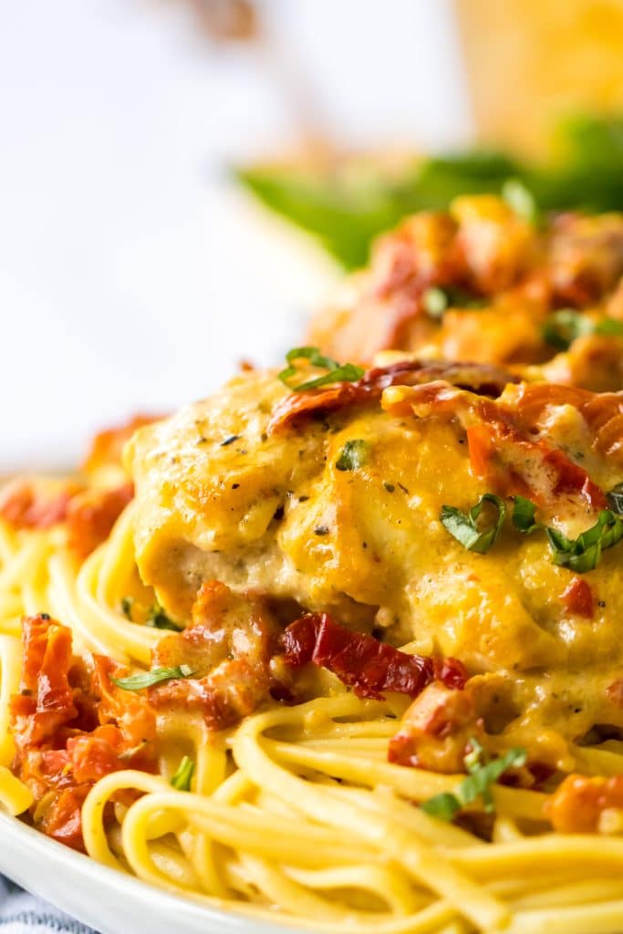 Slow Cooker Marry Me Chicken piled on a plate close up shot