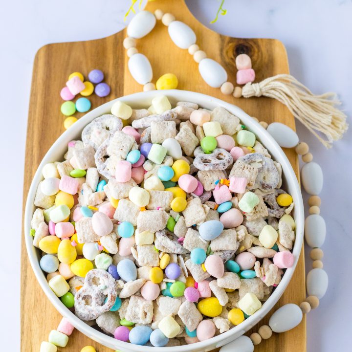 White bowl of colorful Bunny Munch.