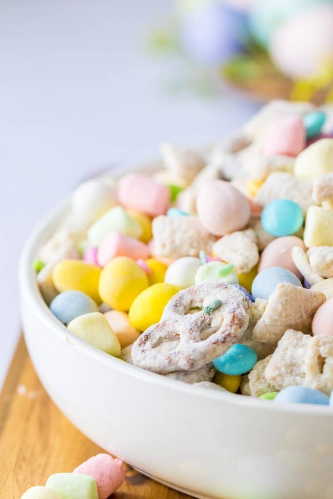 Side shot of a bowl filled with Bunny Munch