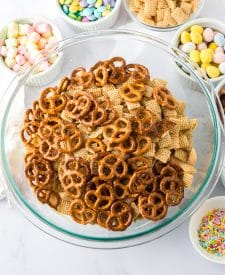 Process shot of bunny bowl with pretzels