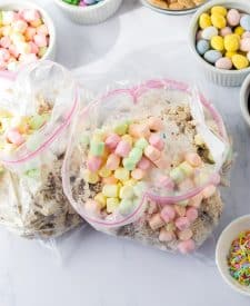 Process shot of bunny munch in ziploc bag with mini marshmallows