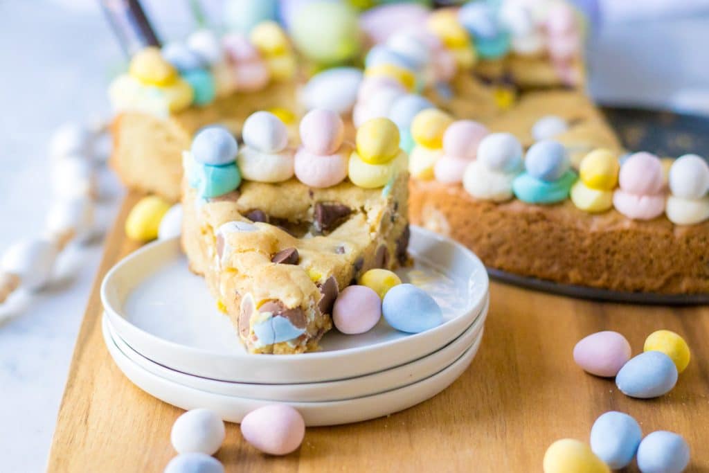 Easter Cookie Cake plated on wooden board