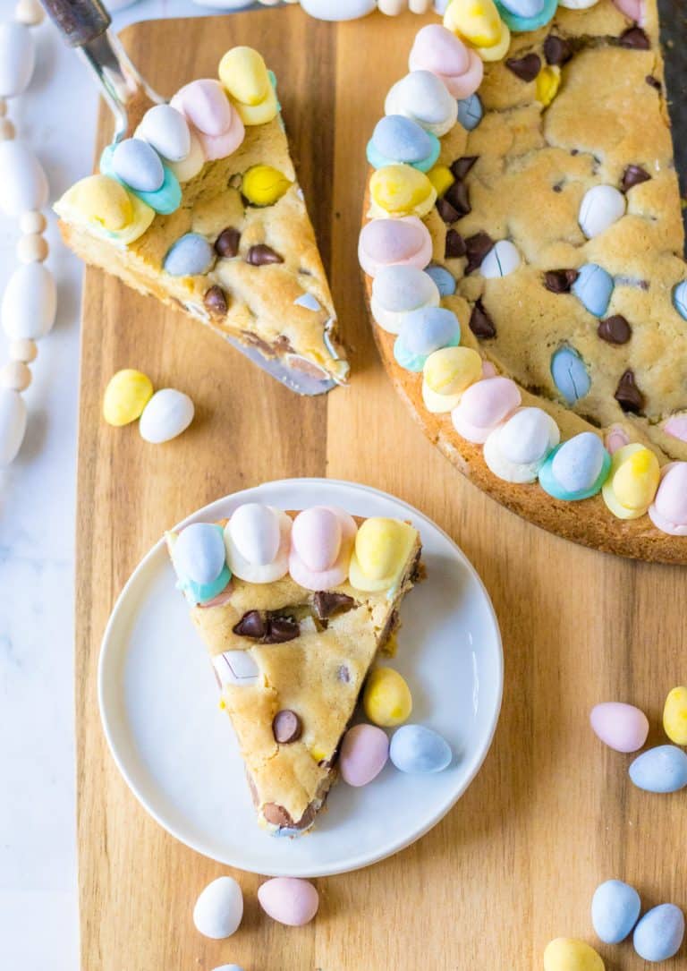 Easter Cookie Cake plated on wooden board