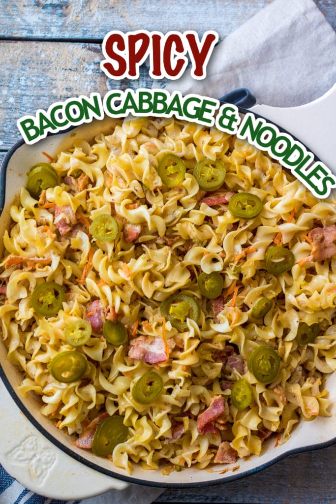 Close up of Spicy Bacon Cabbage & Noodles in pan
