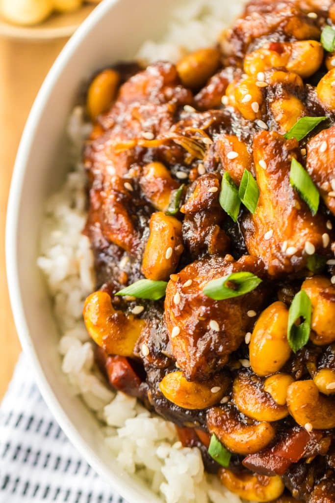 Close up on Slow Cooker Cashew Chicken in a bowl