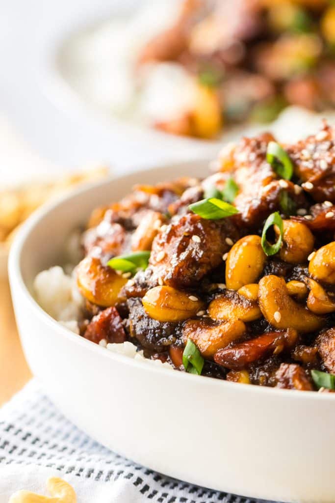 Close up on Slow Cooker Cashew Chicken in a bowl