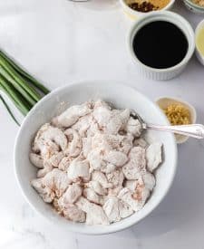 Slow Cooker Cashew Chicken coated in cornstarch