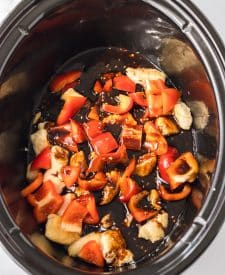 Slow Cooker Cashew Chicken ingredients in the slow cooker