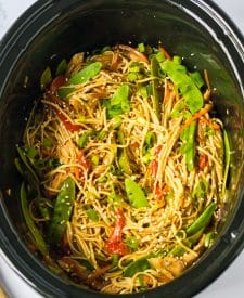 Slow Cooker Chicken Lo Mein with noodles in slow cooker