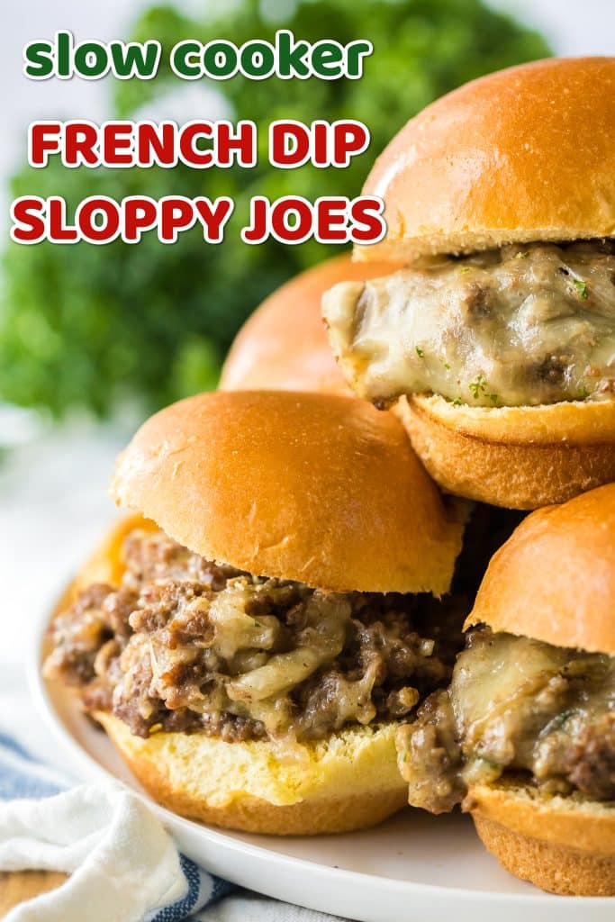 Slow Cooker French Dip Sloppy Joes close piled on a plate