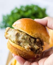 Slow Cooker French Dip Sloppy Joes on a slider bun