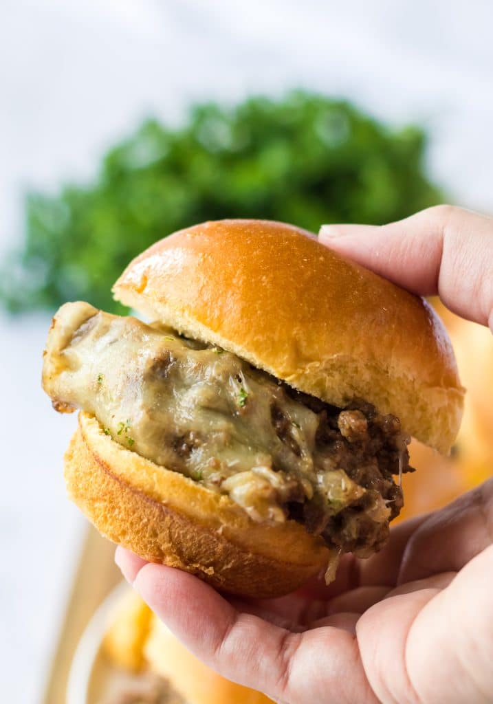 Slow Cooker French Dip Sloppy Joes on a slider bun