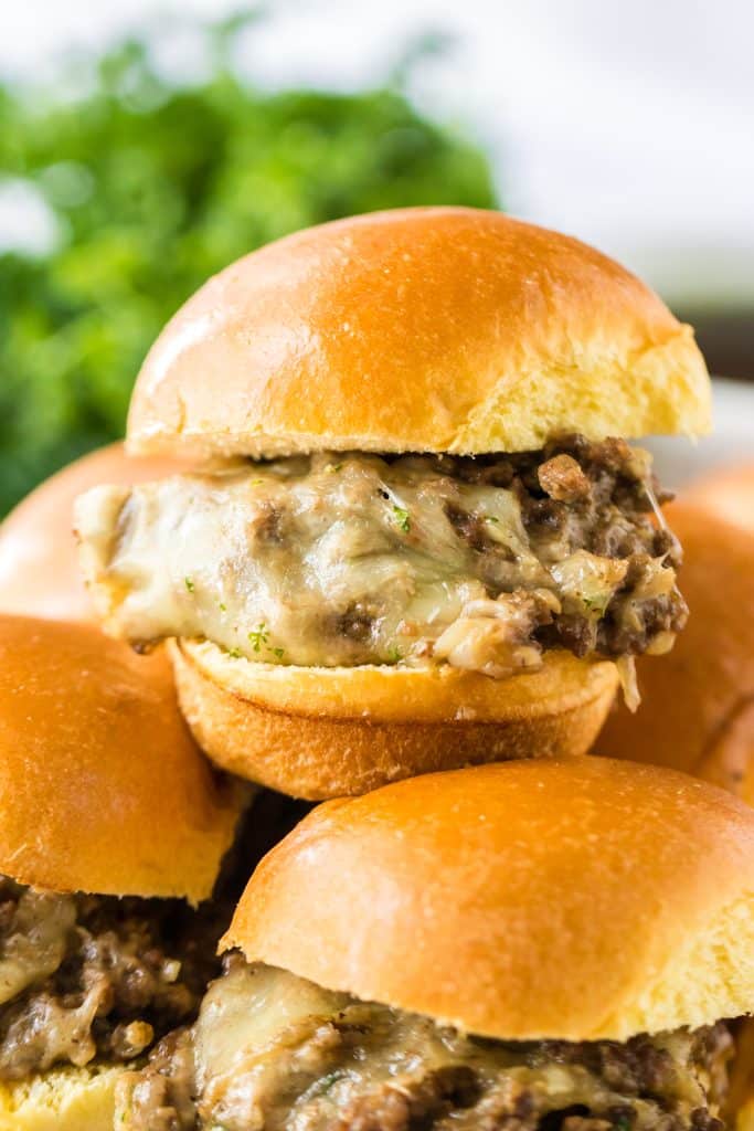 Slow Cooker French Dip Sloppy Joes close piled on a plate