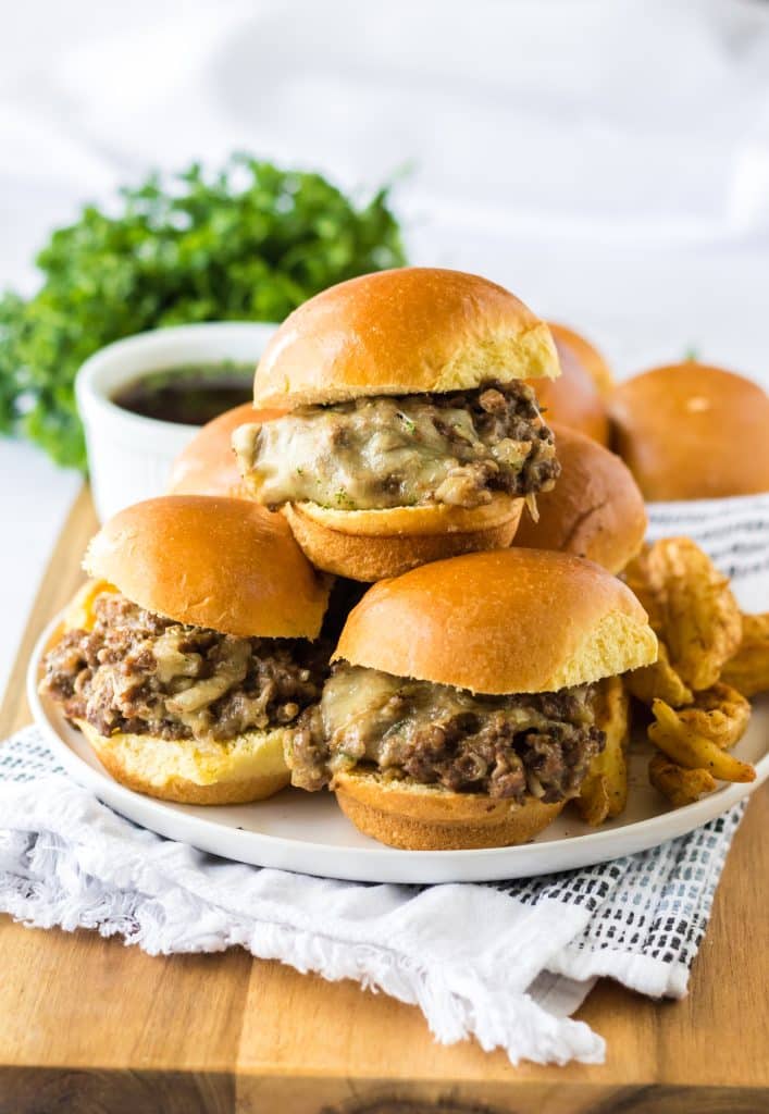 Slow Cooker French Dip Sloppy Joes close piled on a plate
