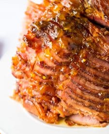 Close up shot of Slow Cooker Hot Honey Peach Glazed Ham