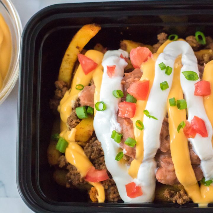 Copycat Taco Bell Nacho Supreme Fries close up in dish