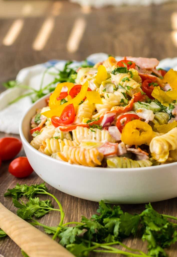 Hoagie Sub Pasta Salad piled in a bowl