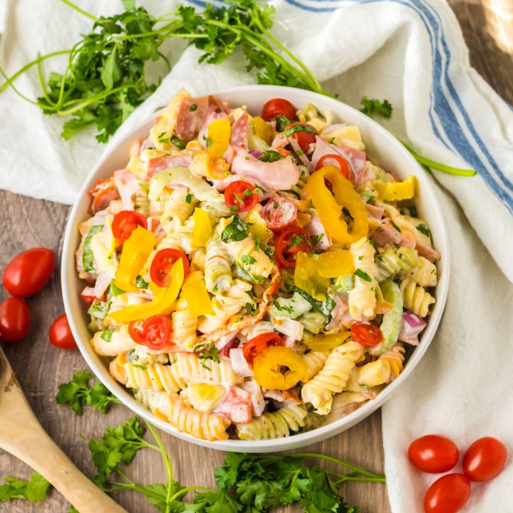 Hoagie Sub Pasta Salad in a bowl overhead