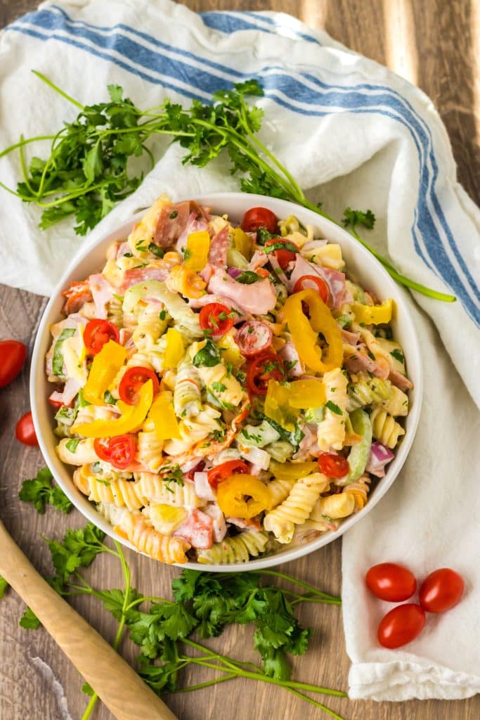 Hoagie Sub Pasta Salad overhead shot in a bowl