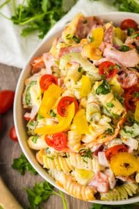 Hoagie Sub Pasta Salad in a bowl over head shot