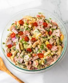 Hoagie Sub Pasta Salad mixed up in a bowl