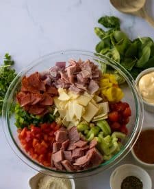 Hoagie Sub Pasta Salad ingredients in a bowl