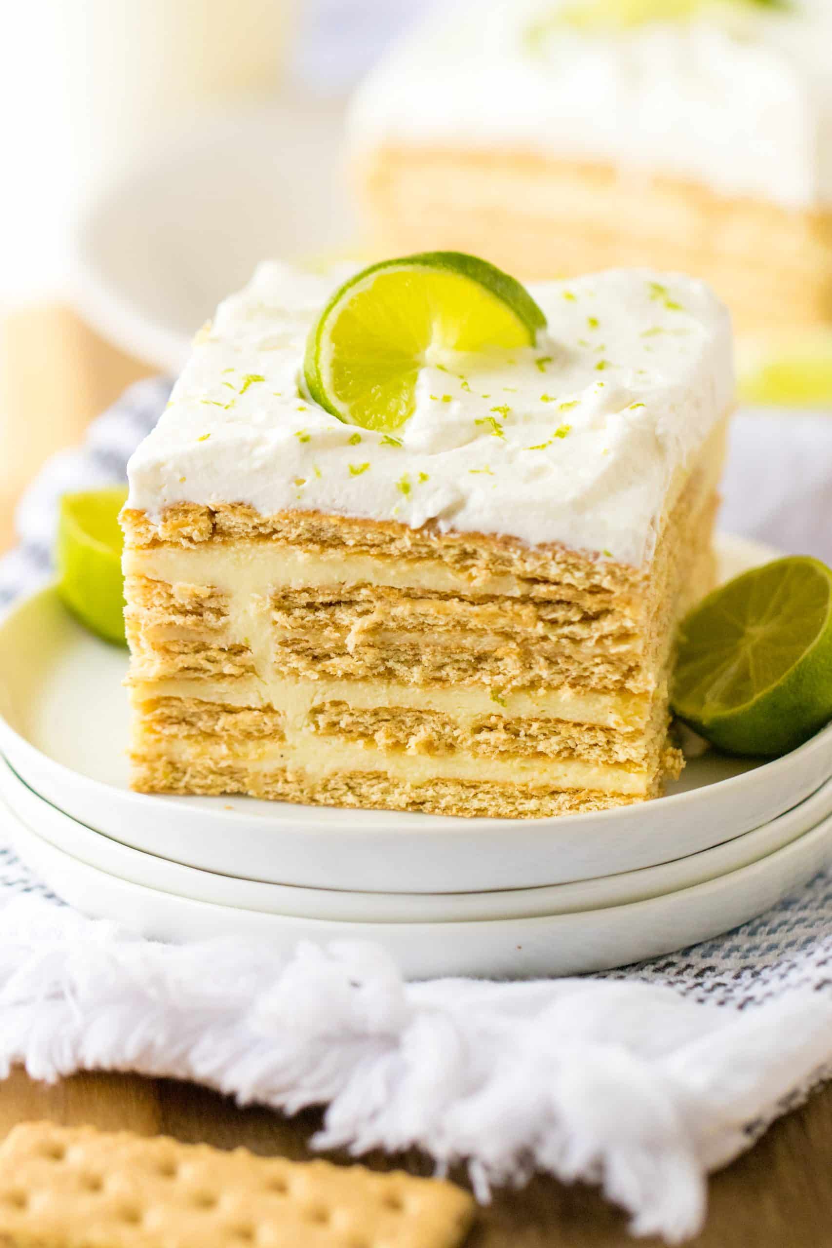 Key Lime Icebox Cake slice on white plates