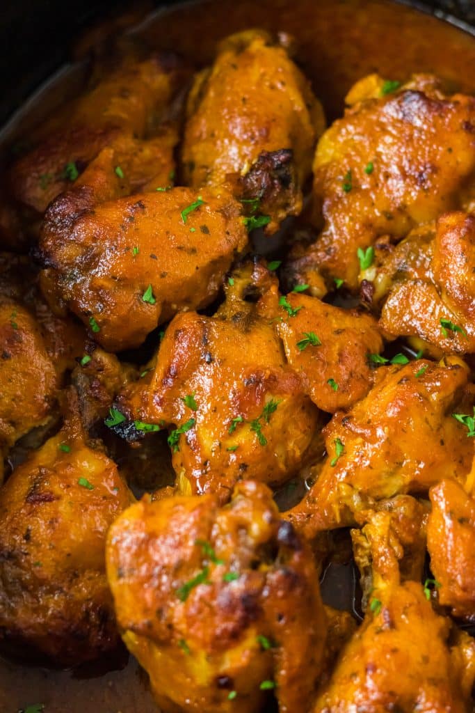 Slow Cooker Buffalo Ranch Chicken Wings cooked in slow cooker