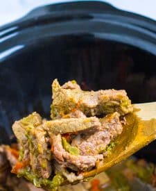 Slow Cooker Cheesesteak Quesadillas ingredients in slow cooker