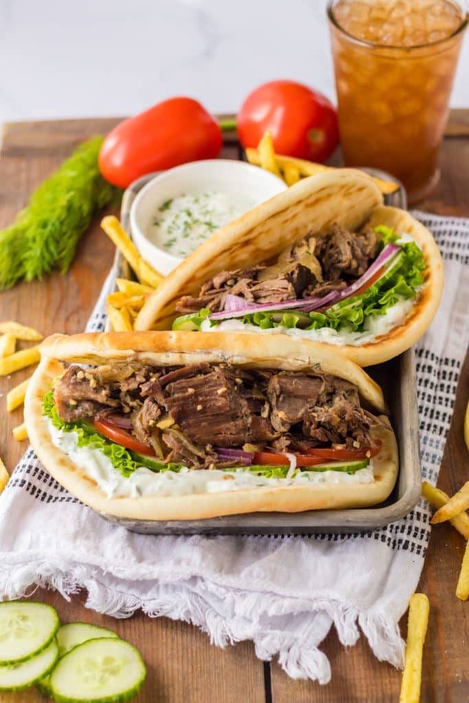 Slow Cooker Gyros in a tray with fries