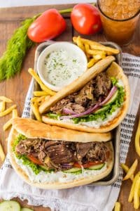 Slow Cooker Gyros in a tray with fries