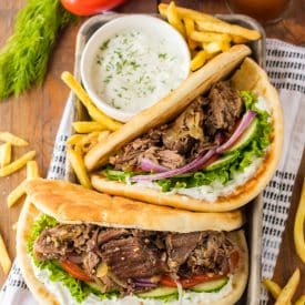 Slow Cooker Gyros in a tray with fries