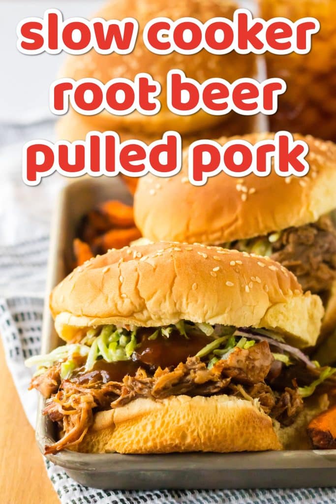 Slow Cooker Root Beer Pulled Pork piled on a bun with coleslaw