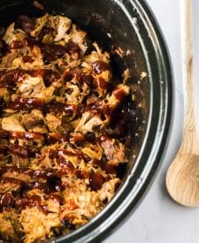 Slow Cooker Root Beer Pulled Pork cooked in slow cooker