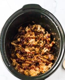 Slow Cooker Root Beer Pulled Pork cooked in slow cooker