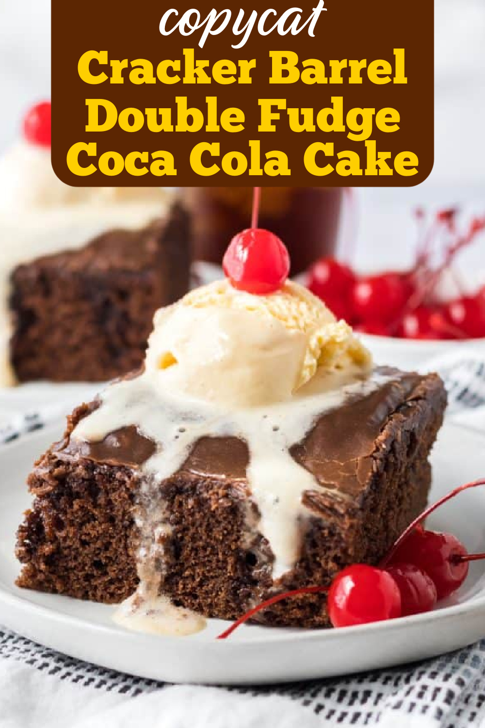 Copycat Cracker Barrel Double Fudge Coca-Cola Cake topped with rich chocolate frosting.