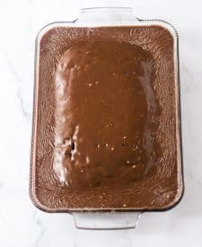 Copycat Cracker Barrel Double Fudge Coca Cola Cake glazed in pan