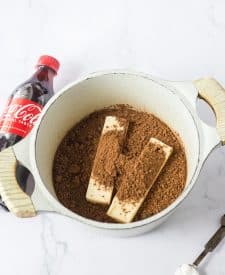 Copycat Cracker Barrel Double Fudge Coca Cola Cake ingredients in pot