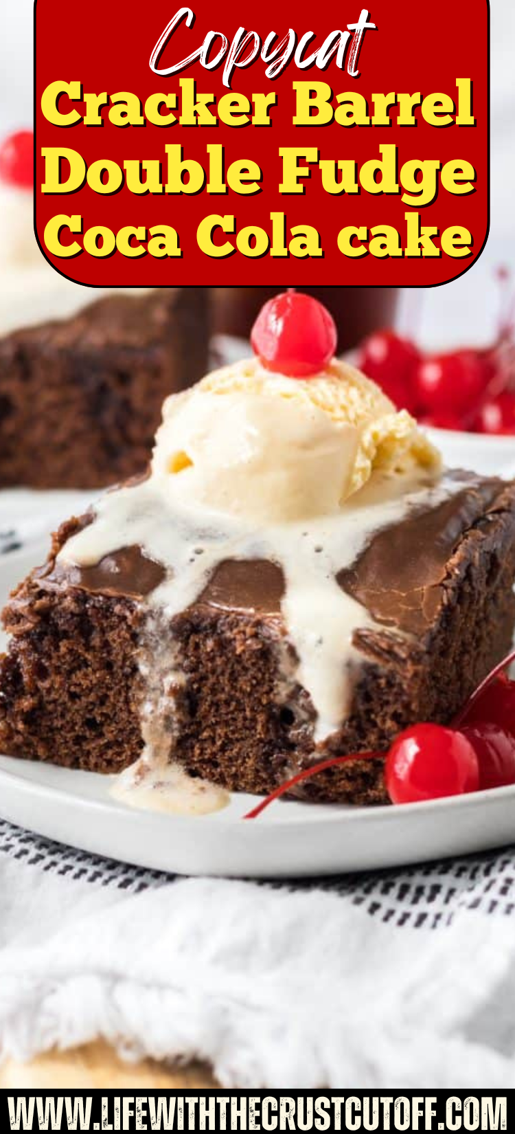 Slice of Copycat Cracker Barrel Double Fudge Coca-Cola Cake with rich chocolate frosting.