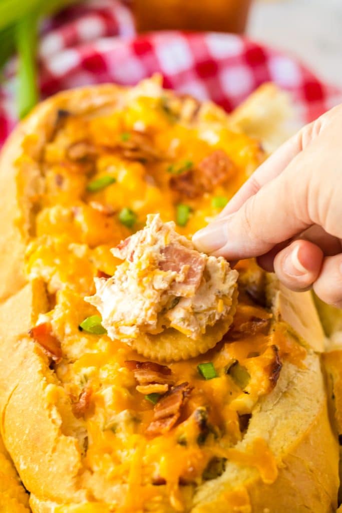 Mississippi Sin Dip on tray with crackers with dip on cracker