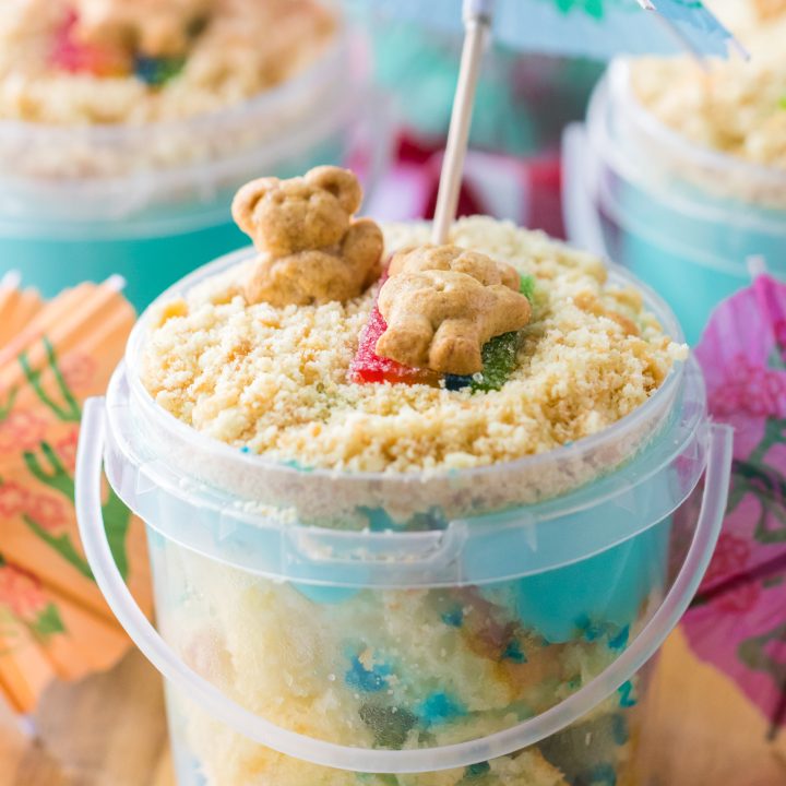 Sand Bucket Dessert over head shot with bear laying on candy towel