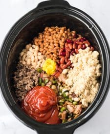 Slow Cooker Cowboy Beans ingredients in slow cooker