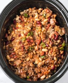 Slow Cooker Cowboy Beans mixed up in slow cooker