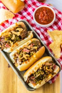 Slow Cooker Cowboy Beef Sandwiches in tray
