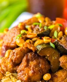 Slow Cooker Kung Pao Chicken piled high on plate