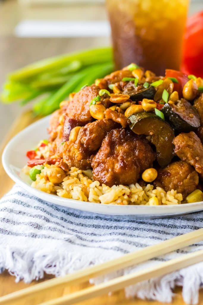 Slow Cooker Kung Pao Chicken piled high on plate