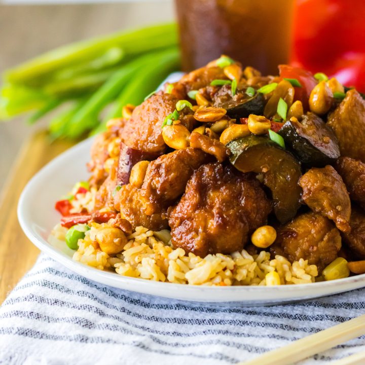 Slow Cooker Kung Pao Chicken piled high on plate